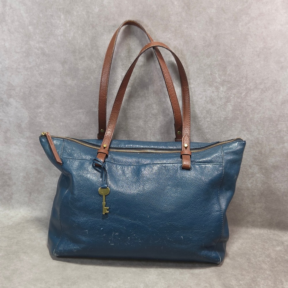 Fossil Rachel Blue Leather Tote Bag Brown Straps Brass Key Charm Zip Top
